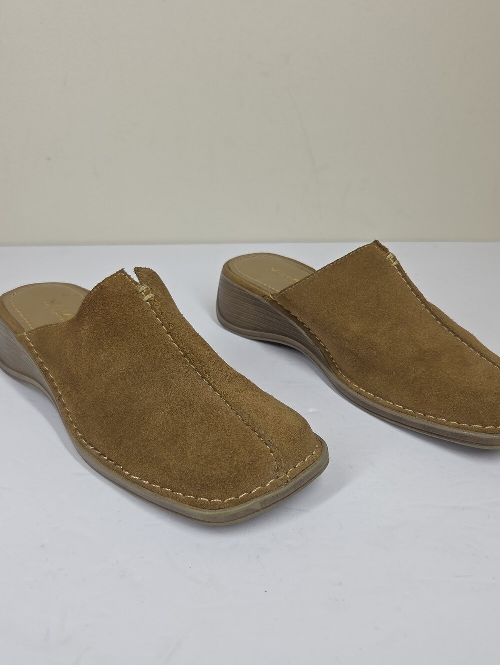 Vtg Liz Claiborne Leather Suede Mules Tan Square Toe 6 Boho Festival Grunge Y2K